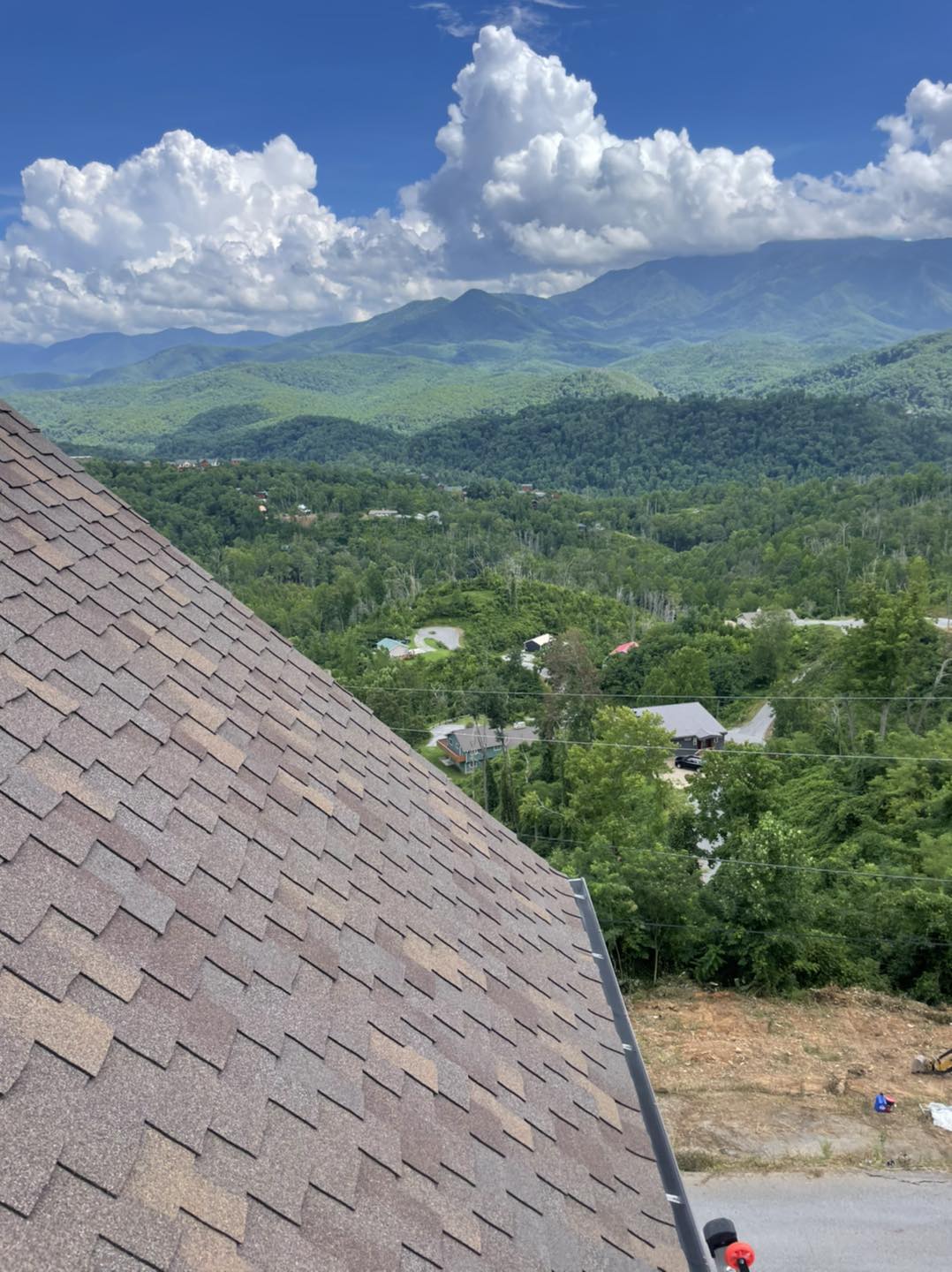 Shingle roof edge overlooking Gatlinburg and the Smoky Mountains